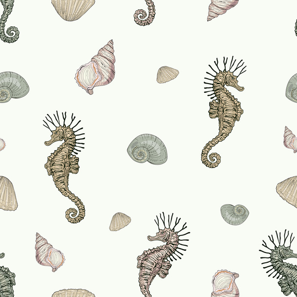 Seashells and seahorse seamless pattern - Vector, imagen