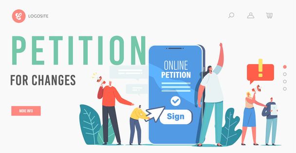Collective Public Appeal Service Landing Page Template. Tiny Characters at Huge Smartphone Call to Sign Online Petition - Vector, Image