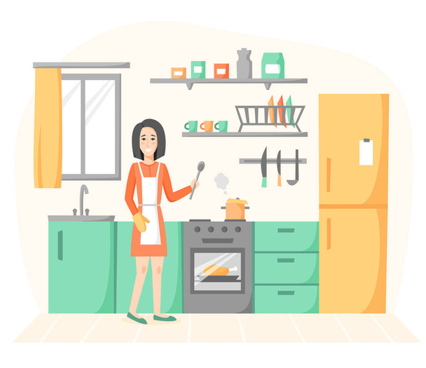 Mujer sonriente cocinando en la cocina. Chica preparando comidas caseras, sopa y pollo. Interior de la cocina de ama de casa en estilo plano. Ilustración vectorial - Vector, imagen