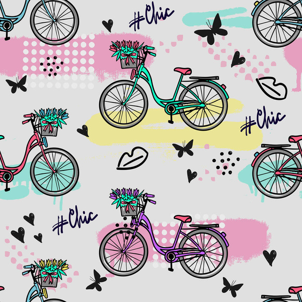безшовний візерунок з намальованими вручну велосипедами та квітами. Векторна ілюстрація
 - Вектор, зображення