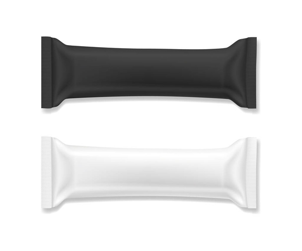 Flow-Paket-Attrappe. Vektor realistische Darstellung der Verpackung von Schokoriegeln, in weißer und schwarzer Farbe, Draufsicht. Fertigsnack in leerer Folienverpackung für Produktdesign und Branding - Vektor, Bild