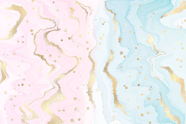 Astratto due colorato rosa e blu fondo di marmo liquido con lamina d'oro strisce strutturate e polvere glitter. Acquerello marmorizzato pastello effetto disegno. sfondo illustrazione vettoriale con schizzi d'oro - Vettoriali, immagini
