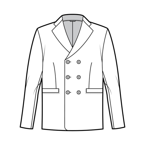 Двухбортный пиджачный костюм с длинным воротником на лацкане, накладными карманами. - Вектор,изображение