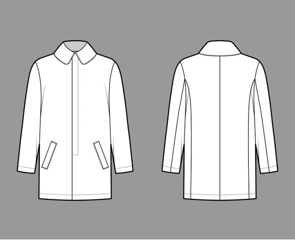 Автомобільне пальто технічна модна ілюстрація з довгим рукавом, круглий комір комір, негабаритний кузов, зшитий вирізом закриття
 - Вектор, зображення