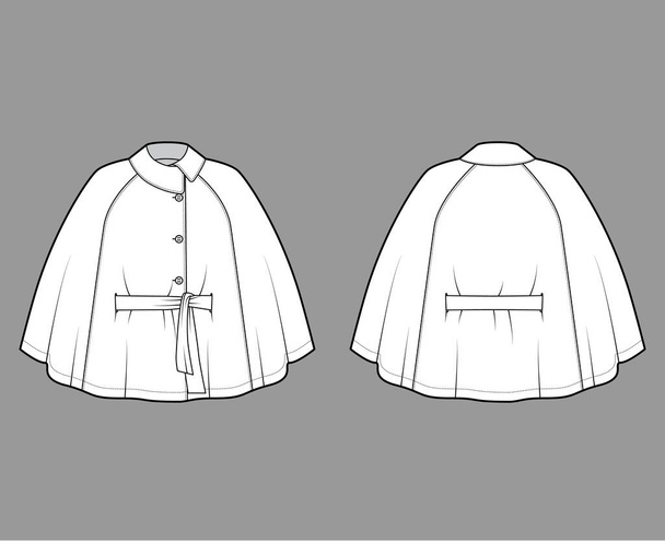 Cape manteau technique illustration de mode avec ceinture, col asymétrique, corps trapèze surdimensionné, longueur bout des doigts - Vecteur, image