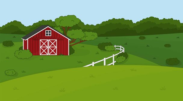 Cartoon-Doodle-Vektor niedlichen Sommer oder Frühling Bauernhof in der Landschaft. rote Scheune, weißer Zaun, grüne Felder und Bäume, Büsche und Pflanzen für das Leben der Tiere Hintergrund, Karten, Postkarten - Vektor, Bild