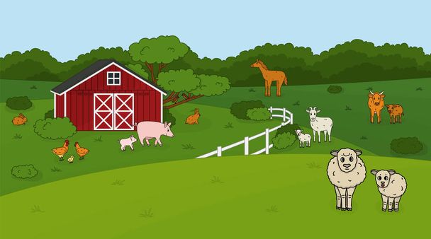 Set of cute doodle outline vector cartoon pet animals at the countryside farm. Sheep, ram, cow, bull calf chicken, rooster, goat mother and baby, pig rabbit hare, horse, fields forest, red barn house - Vector, imagen