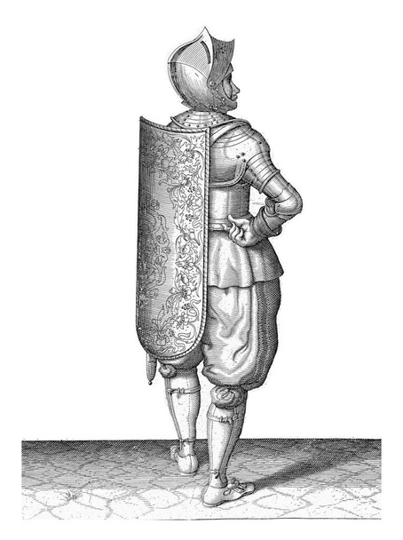 De oefening met de targe en rapier: de soldaat hangt de targe terug op zijn rug, 1618, vintage gravure. - Foto, afbeelding