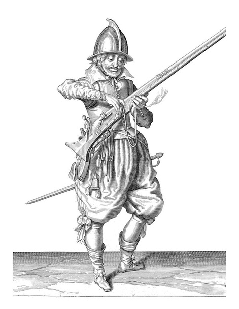 A soldier, full-length, to the right, holding a rudder (a particular type of firearm) with his left hand, vintage engraving. - Photo, Image
