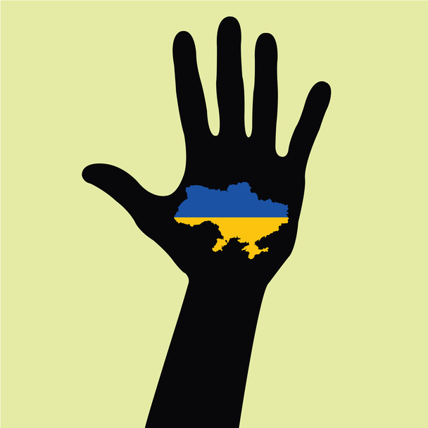 Vektor-Hand mit Ukraine-Karte mit dem Flag im Inneren. Rette uns - Vektor, Bild