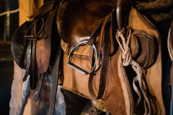 Лошадиное снаряжение, кожаные седла и стремена красиво висят на специальной стене - Фото, изображение