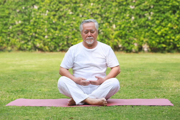 Asiatischer älterer Mann macht Yoga im Garten. - Foto, Bild