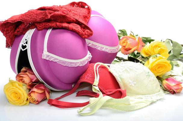 Женский маленький чемодан для хранения нижнего белья и розовых цветов в натюрморте
 - Фото, изображение