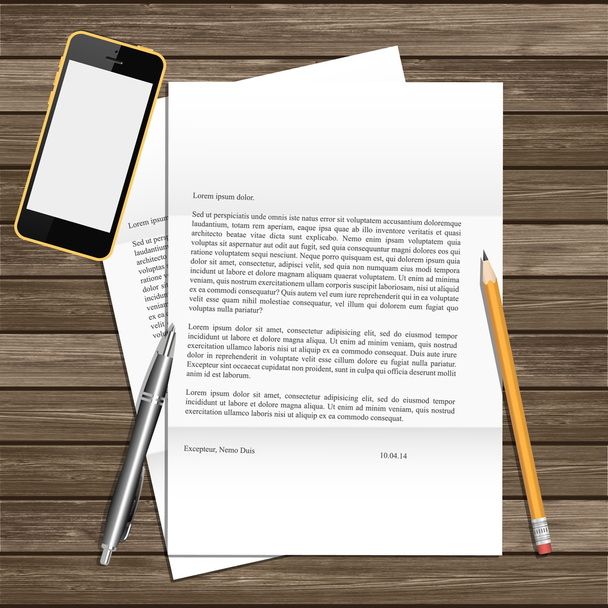 Paper A4, smart phone, pencil, pen - Vektor, Bild