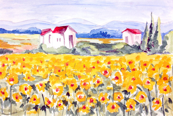 Auringonkukka kenttä maatila talo vesiväri maalaus käsin tehty paperi - Valokuva, kuva