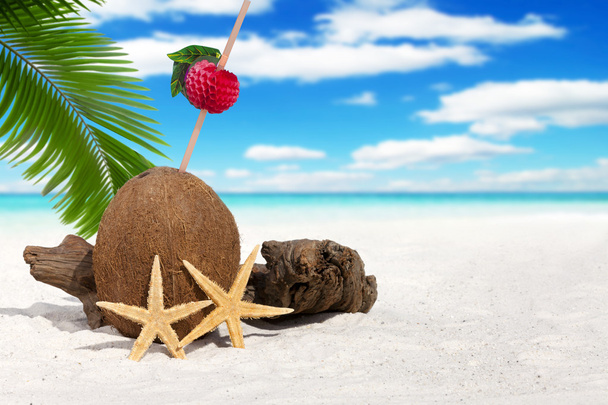 Coconut with Drinking Straw on the Beach - Valokuva, kuva