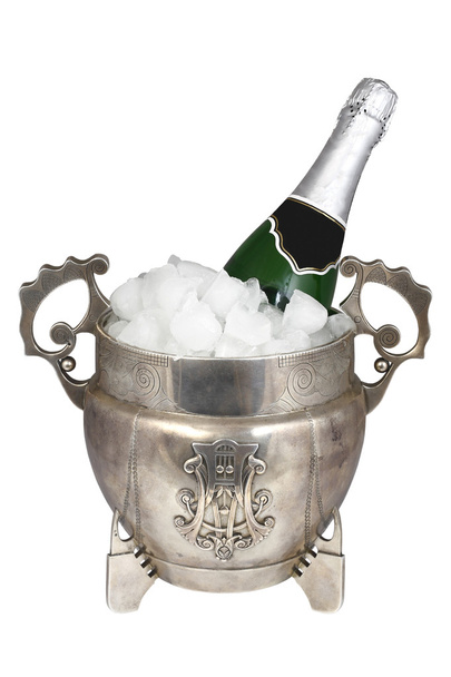 Silver bucket of ice and a bottle of champagne isolated on a white background - Photo, Image