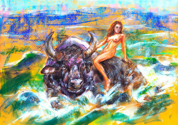 Europa, in der griechischen Mythologie die Tochter des Phönix oder des Agent, die von Zeus entführt wird, die als Stier verkleidet sind. - Foto, Bild