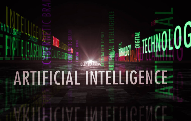 Inteligencia artificial aprendizaje profundo y concepto abstracto del cerebro cibernético. digital, tecnología, cyber, ai y robot texto 3d ilustración. - Foto, imagen