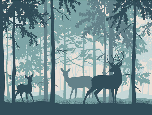 Cervo con cervo e cerbiatto nella magica foresta nebbiosa. Silhouette di alberi e animali. Fondo blu, illustrazione. - Vettoriali, immagini