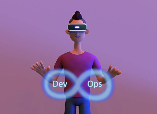Μηχανικός λογισμικού που εργάζεται σε γραφείο εταιρείας ανάπτυξης λογισμικού με VR. Έννοια της ανάπτυξης και της λειτουργίας. Μοντέρνο 3d εικόνα. - Φωτογραφία, εικόνα
