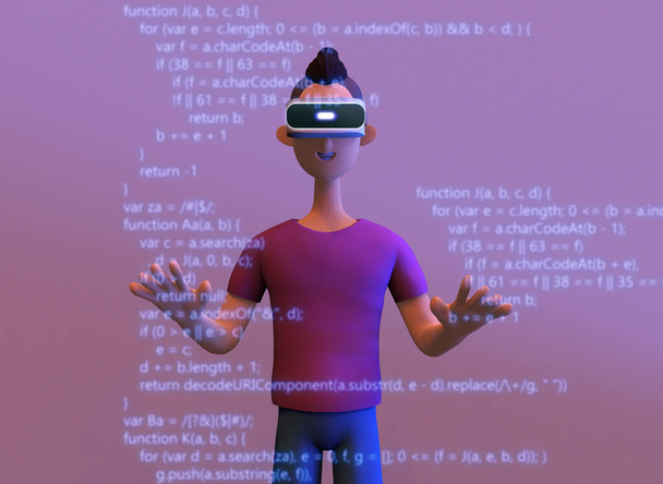 Programozó egy szoftverfejlesztő cég irodájában dolgozik VR-rel. Koncepciója script kódolás és programozás javascript. Trendi 3D illusztráció. - Fotó, kép