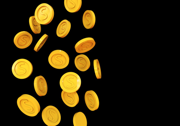 Von oben fallen eine Menge Dollar-Goldmünzen auf schwarzem Hintergrund. Konzept der Finanzanlagen Trendy 3D Illustration. - Foto, Bild