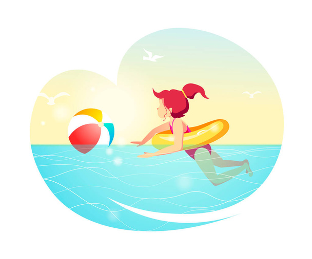 Egy lány egy labdával a tengerben. nyári vakáció. vektor illusztráció. - Vektor, kép