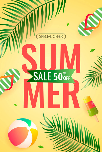 summer sale banner with palm leaves and sun. vector illustration - Vector, Image