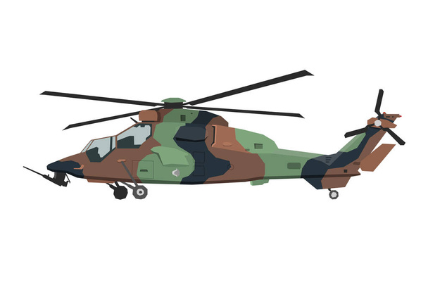 Dibujo de helicóptero militar de guardería. Vehículo del ejército en estilo de dibujos animados. Arte de la máquina de camuflaje aislado para la decoración del dormitorio. Vista lateral. Impresión para arte de pared de niño - Vector, Imagen