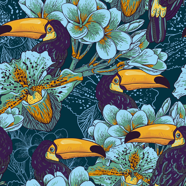 Tropical seamless parrern with flowers and Toucan - Vector, Image