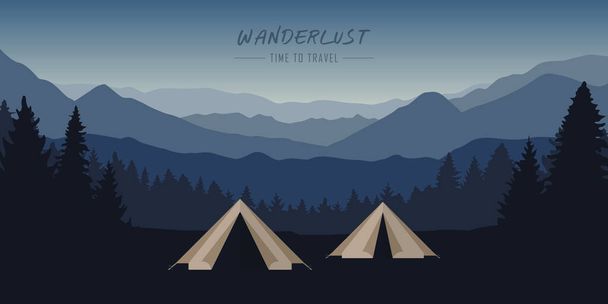 tente d'aventure camping wanderlust à montagne bleue et paysage forestier - Vecteur, image