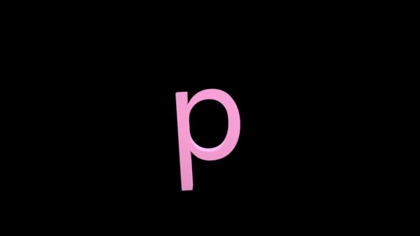 3d letter roze kleur op een zwarte achtergrond met alpha kanaal. 3d animatie met effect het verschijnen en draaien van de letter P. 3d weergave van een geïsoleerde letter P, alfabet. Volledige Hd-kwaliteit. - Video