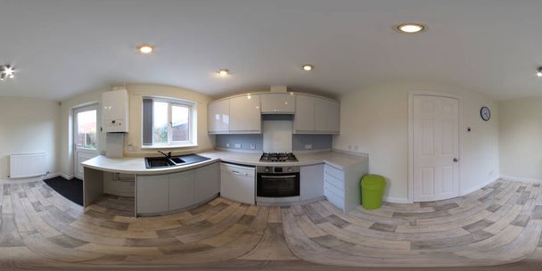 360 Stupeň Full Sphere Panoramatická fotografie moderního nově postaveného interiéru domu s novou kuchyní se sporákem - Fotografie, Obrázek