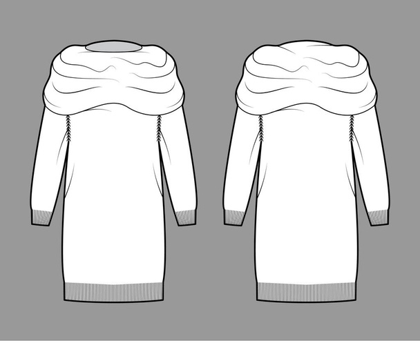 Chunky pulóver ruha technikai divat illusztráció túlzott garbó, hosszú ujjú, térd hossza, kötött borda szegély - Vektor, kép
