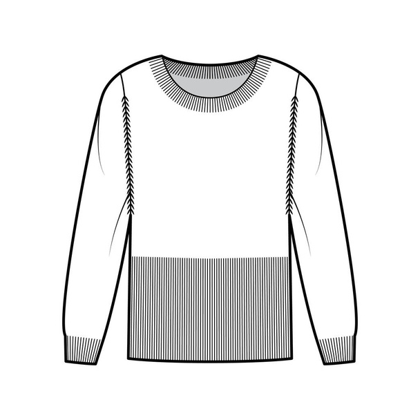 Taillierter Pullover technische Modeillustration mit rundem Halsausschnitt, langen Ärmeln, tailliertem Körper, Hüftlänge, Strickbesatz - Vektor, Bild