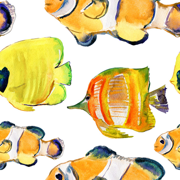 Seamless watercolor background with tropical fishes - Photo, Image