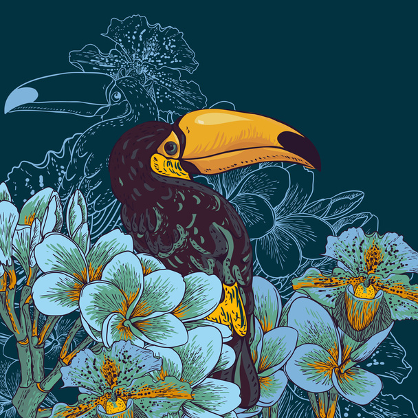 Fond tropical aux fleurs exotiques, Toucan
 - Vecteur, image