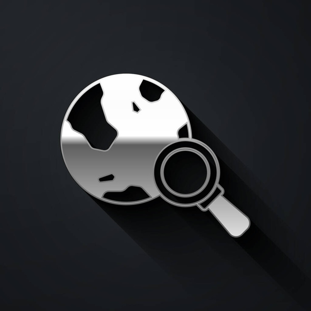 Silver Magnifying glass with globe icon isolated on black background. Analyzing the world. Global search sign. Long shadow style. Vector. - Vector, Image
