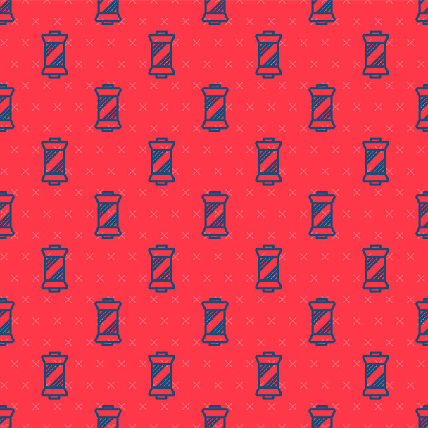 Blauwe lijn Naaigaren op spoel pictogram geïsoleerd naadloos patroon op rode achtergrond. Garens spoel. Draadspoel. Vector. - Vector, afbeelding