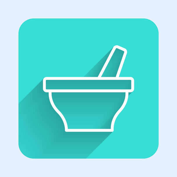 White line Mortar and pestle icon isolated with long shadow. Green square button. Vector. - Vector, Image