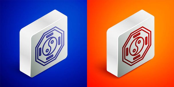 Isometric line Yin Yang symbol of harmony and balance icon isolated on blue and orange background. Silver square button. Vector. - Vector, Image