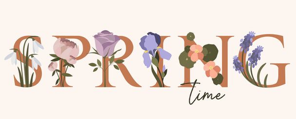 Lente hand geschreven belettering woord in pastel kleuren.Handgetekende typografie banner met bloemen druif hyacint, iris, nasturtium, roos, sneeuwklokje, peoney voor wenskaarten, uitnodigingen, en spandoeken - Vector, afbeelding
