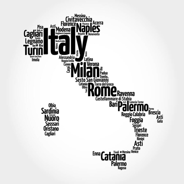 Lista de ciudades en Italia, mapa silueta palabra nube, fondo concepto de viaje - Foto, Imagen
