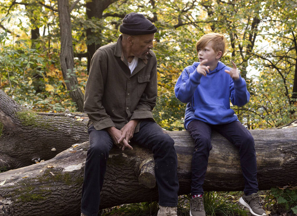 Amerikalı öğretmen parkta bir çocukla iletişim kuruyor. Bir ağaç güvertesinde oturuyor ve öğrenciye uzay hakkında bilgi veriyor. - Fotoğraf, Görsel