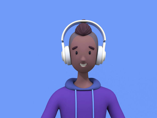 Dessin animé afro américain gars écouter de la musique ou podcast dans les écouteurs. Diffusion de masse, illustration 3D à la mode. - Photo, image