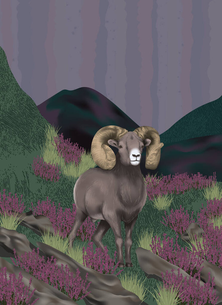 Ram steht auf der grünen Ferse. Wildziegenmännchen steht am Fuße des Berges. Künstlerische Tierdarstellung mit violettem Himmel, Widder und Heideflächen. - Foto, Bild