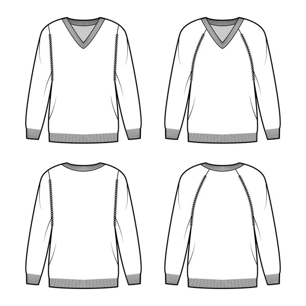 Set di Maglioni scollo a V illustrazione tecnica di moda con maniche lunghe raglan, oversize, lunghezza coscia, bordo costola in maglia - Vettoriali, immagini