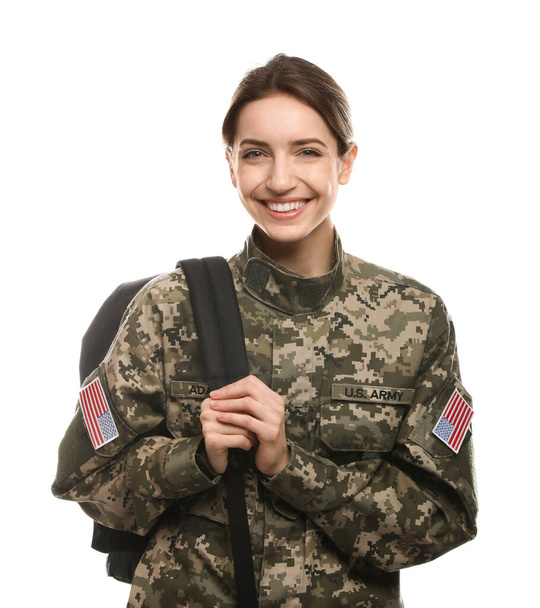 Female cadet with backpack isolated on white. Military education - Fotoğraf, Görsel