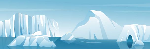 Antártico paisaje amplio paisaje ilustración, naturaleza invierno ártico iceberg y nieve montañas colinas - Vector, imagen